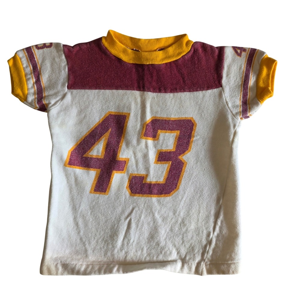 Vintage 70s Twin Togs Creations Kids Football Jersey T-Shirt Burgundy Gold 43
